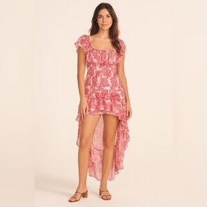 LoveShackFancy Alexia Floral Print High-Low Ruffle Dress in Pink Gem Size Small
